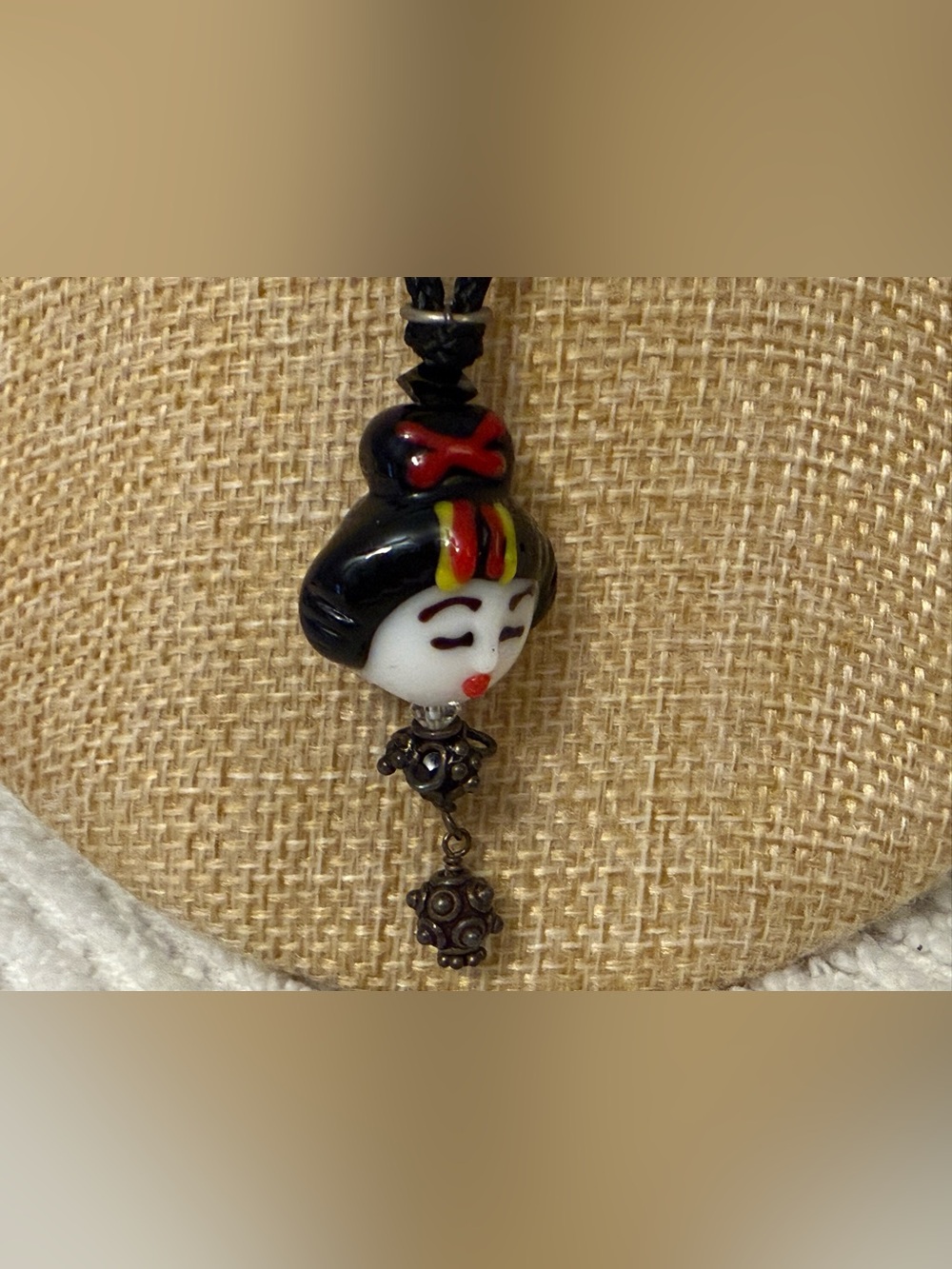 Vintage Handmade Geisha Glass Ceramic Pendant Necklace in Black and White - Picture 3 of 4